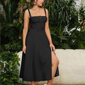 Lace up ruched split thigh tie front Milkmaid Dress